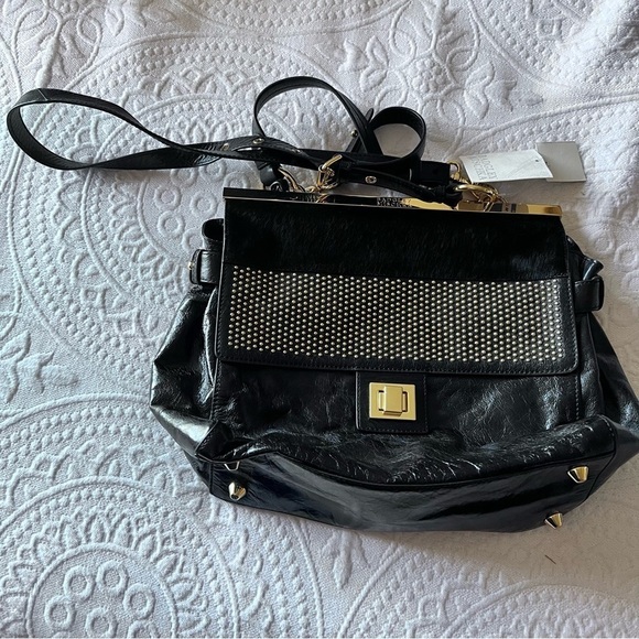 Badgley Mischka‎ Black Genuine Leather Studded Purse Shoulder Bag Satchel - Picture 1 of 9